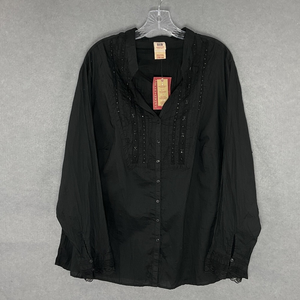 Faded Glory Top Womens 22/24W Black Mock Neck Button Up Lace Beads Boho Chic VTG